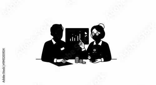 Business partners analyze financial chart, plan savings with piggy bank