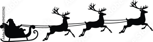 Black silhouette of Santa Claus in a flying sleigh pulled by three reindeer on a white background for Christmas holiday greeting cards and decorations (25 words)
