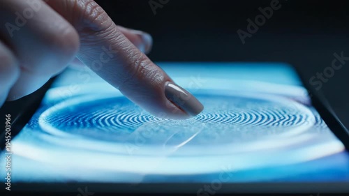 Person hand finger touching screen, performing biometric fingerprint scanning for secure digital data access and authentication, ensuring privacy