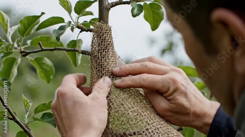 Dedicated gardening hands carefully wrap young tree trunk with burlap protection, ensuring plant health and growth