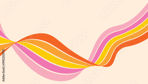 Retro groovy background wit curved rainbow line. Vintage 70s striped colored path. Playful striped shape vector illustration