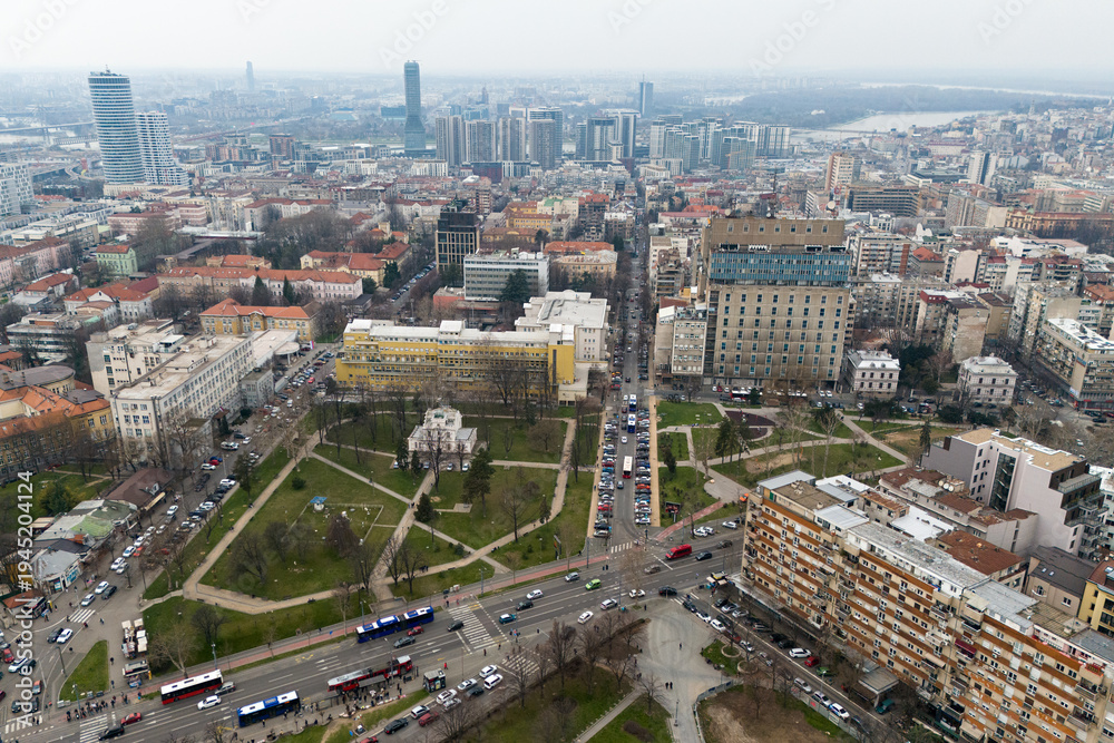 Fototapeta premium Serbia - Aerial view of Belgrade center with Belgrade waterfront in the distance