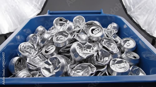 Blue recycling bin overflowing with crushed aluminum cans urgent call for resource recovery, environmental sustainability, and mindful waste