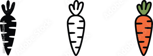 Carrot icon collection featuring black outline silhouette and orange cartoon carrot in modern flat design