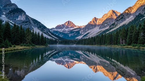 Majestic mountain peaks bathed in golden light, reflection on tranquil alpine lake. Lush pine forest trees frame stunning nature landscape vista