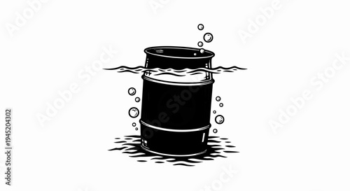 Black barrel submerged in water with bubbles rising