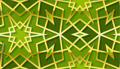 Green and gold islamic geometric star pattern background with 3d layered arabesque shapes