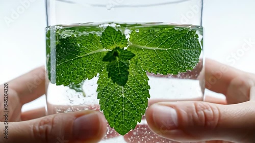Refreshing natural healthy mint water drink in clear glass held by hand, vibrant green sprigs infusing pure beverage for cool summer