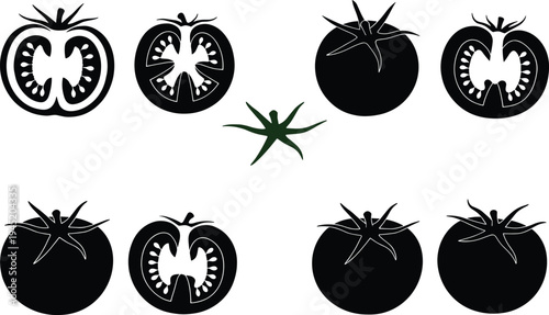 Collection of black tomato silhouettes featuring whole fruits with stems and cross section slices showing seeds isolated on white background for food design (25 words)