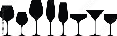 Collection of elegant black stemware silhouettes including red and white wine glasses champagne flutes martini coupe and cocktail glassware icons for bar menus.