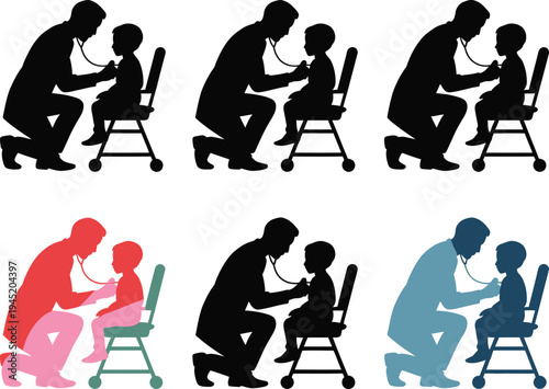 Doctor examining child illustration, vector artwork of pediatrician assessing young patient using stethoscope for hospital healthcare and medical care design.