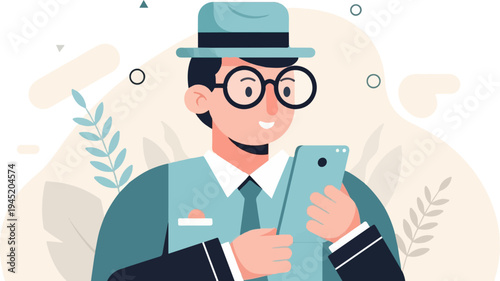 A smiling person wearing a hat and glasses, holding a smartphone