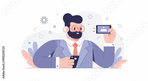 Bearded man in glasses and suit takes selfie with phone, other phone in hand