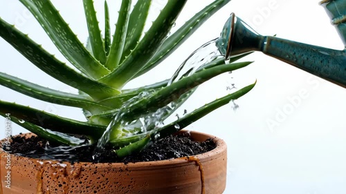 Nurturing healthy aloe vera succulent plant Refreshing water from gardening can ensures vibrant houseplant growth. Optimal watering