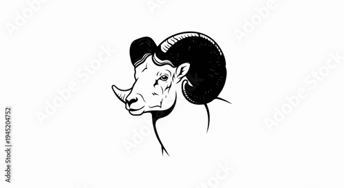 Black and white illustration of a ram's head with large curled horns