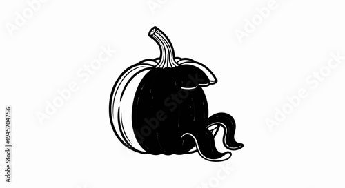 Black and white illustration of a pumpkin with a thick stem and wavy tendrils
