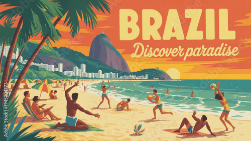 Vibrant beach scene in brazil with people playing at sunset city skyline and palm trees in background tropical paradise