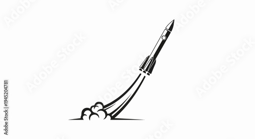 Black and white illustration of a rocket launching with smoke trails