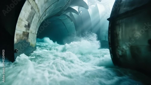 Powerful rushing water flows through immense dark concrete tunnel, creating foamy current. Dynamic energy and raw strength vividly revealed