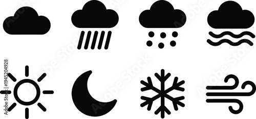 Set of 8 black weather forecast icons vector, including cloud, sun, moon, rain, snow, wind, and fog symbols for web and app design