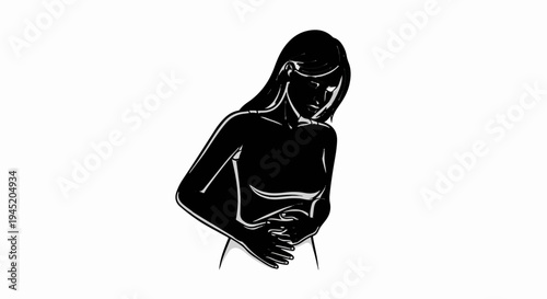 Black and white illustration of a woman clutching her stomach in pain