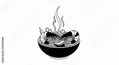 A steaming bowl of noodles with shrimp, chilies, and greens