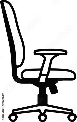 Black and white illustration of an ergonomic office chair on wheels