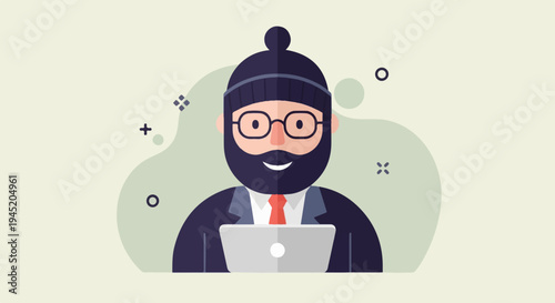 Bearded man in hat and suit with glasses smiles at laptop