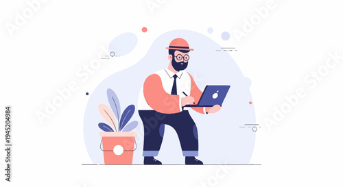 Businessman with laptop, wearing a hat, near a potted plant