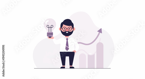 Bearded man in glasses and tie holding a lightbulb with rising graph