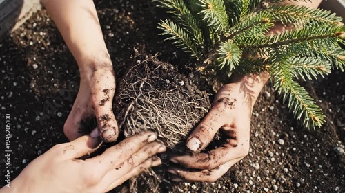 Persons hands gently plant evergreen sapling, roots nestled in rich soil. gesture promoting growth, environmental care, and lifes hopeful future