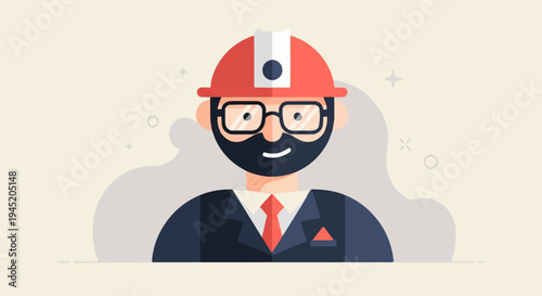 Cartoon man in hard hat and suit, smiling, wearing glasses