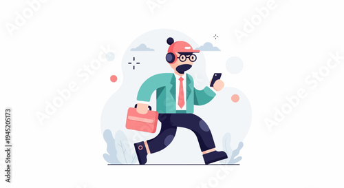 Busy person in a suit with a hat and headphones rushes with a briefcase and phone