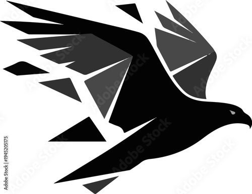 Abstract hawk with fragmented wings soaring in flight