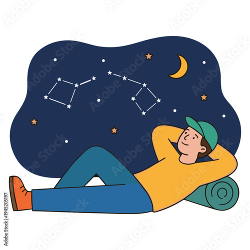 Person lying on a yoga mat gazing at constellations in the night sky