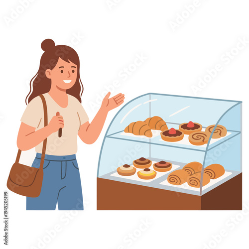 Woman pointing excitedly at a display case filled with pastries and sweet treats.