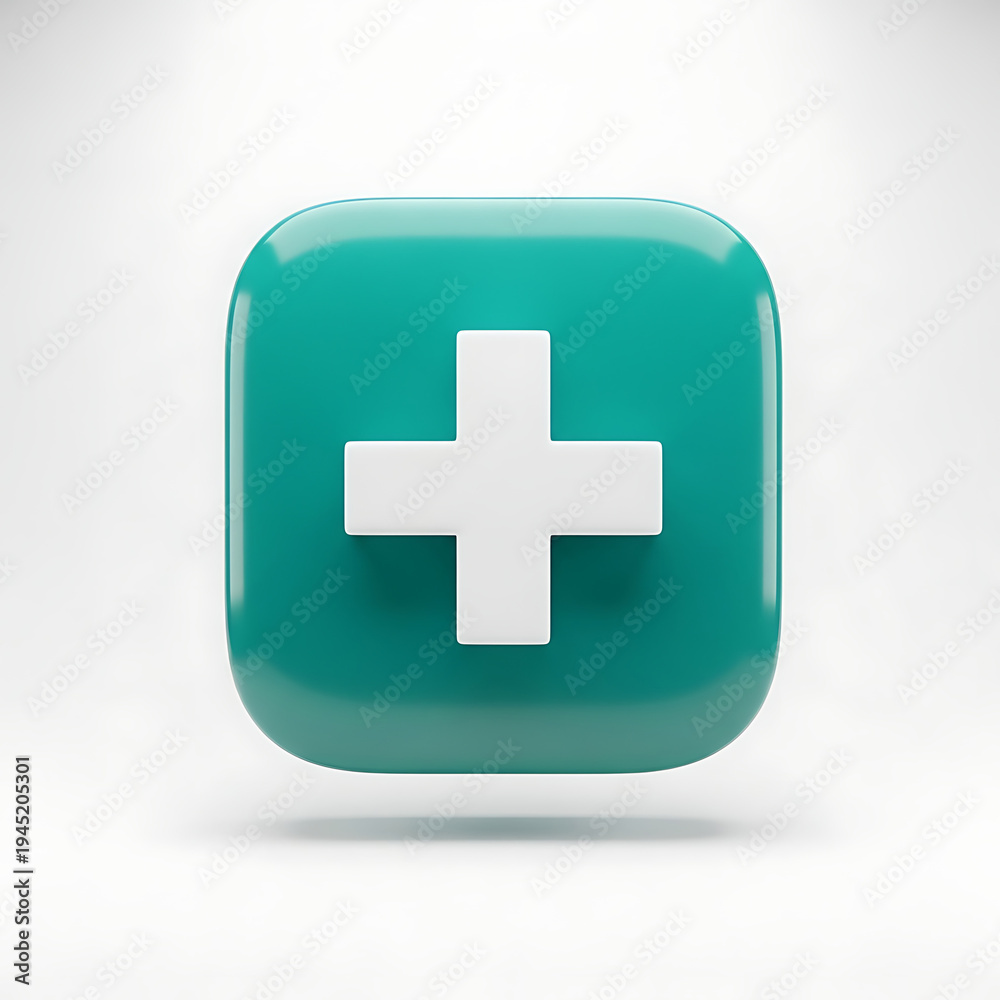 Obraz premium Shiny teal plus sign icon floating in mid-air, 3D render