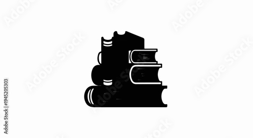 A stylized black silhouette of stacked books on a white background