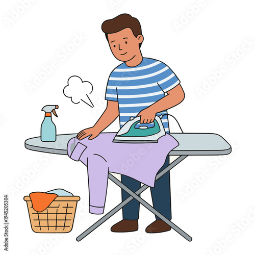 A man is ironing clothes on an ironing board in a domestic setting.