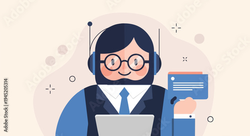 Bearded man with headset and glasses holds card, works at laptop