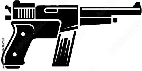 A stylized black silhouette of a pistol with an extended magazine