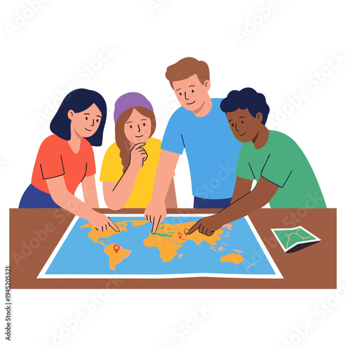 Four people gathered around a table studying a large world map together