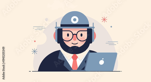 Cheerful bearded man in hard hat and glasses uses laptop with headphones