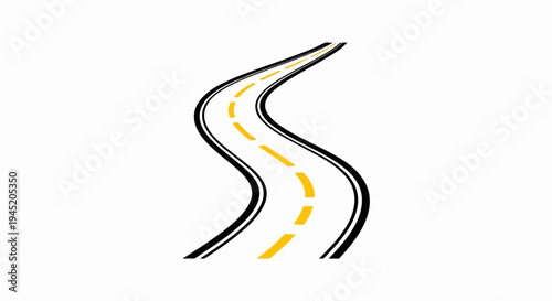A winding road with dashed yellow lines on a white background