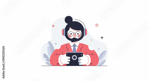 Bearded person wearing headset and glasses, holding a tablet device