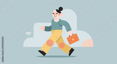 Cheerful person in yellow pants walks with briefcase