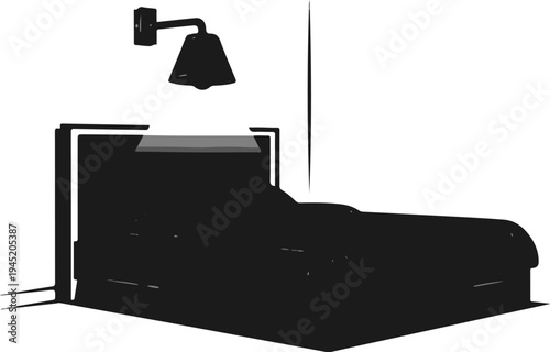 Bed with bedside lamp and headboard, rendered in silhouette