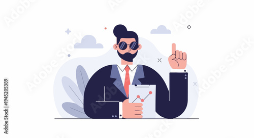 Bearded man in suit and sunglasses holds chart, points upwards