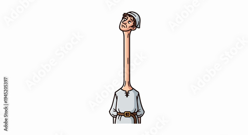 Character with an extremely long neck looking up, wearing simple tunic and cap