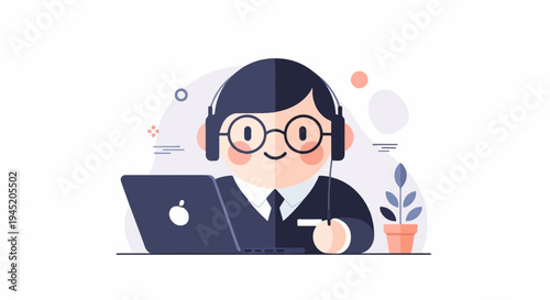 Cheerful person wearing headphones at a laptop with a plant